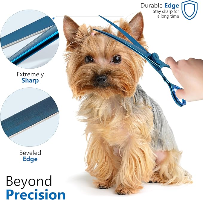 Laazar Dog Grooming Scissors - 7.5 Inch Curved Grooming Scissors for Dogs, 440C Stainless Steel Pet Grooming Scissors with Finger Rest & Case, Dog Shears for Grooming, Cat Grooming Supplies