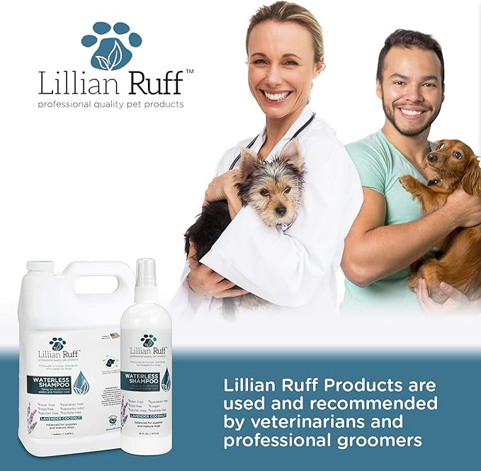 Lillian Ruff Waterless No-Rinse Dog Dry Shampoo Spray with Hydrating Essential Oils - pH-Balanced Dry Shampoo for Dogs - Clean, Condition, Detangle & Deodorize Dry, Sensitive Skin (16oz/Brush)