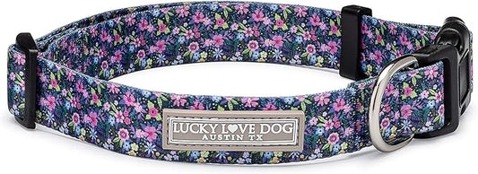 Lucky Love Dog, Comfortable, Soft, Cute Female Dog Collar for Medium Dogs, Black & Purple Floral Print, Adjustable Nylon Collar, Primrose, Medium
