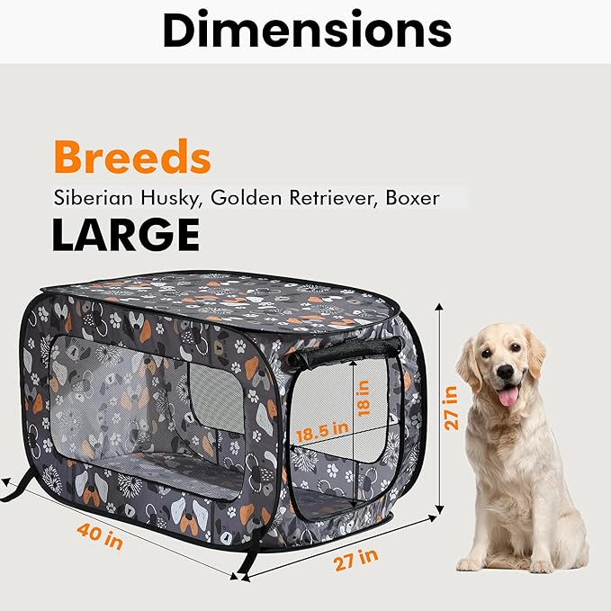 Beatrice Home Fashions Portable, Collapsible, Pop Up Kennel Travel Cat and Dog Crate, 40" L x 27" W x 27" H, Face of Love
