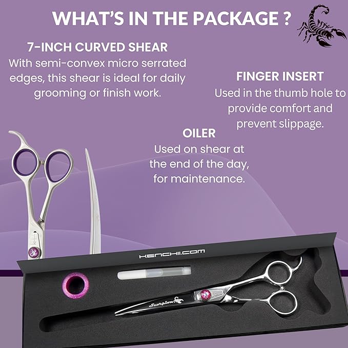 Kenchii Scorpion Dog Grooming Scissors, 7 Inch Curved Shears, Dog Scissors for Grooming, Professional Pet Grooming Scissors, Heavy Duty, Durable and Sharp