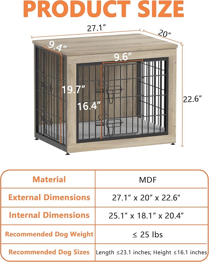 Piskyet Dog Crate Furniture with Cushion,Heavy-Duty Reinforced Metal Mesh,27" Wooden Dog Crate End Table with Double Doors,Indoor Dog Kennel,Dog Cage Side Table for Small Breed,Grey