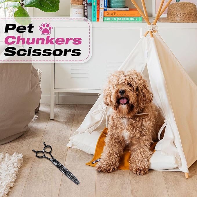 JASON Dog Grooming Scissors Kit, Professional 6 in 1 Dog Scissors Set - Thinning Shear, Straight Scissor, Dog Chunker, Down-curved Shears and Comb for Dog Cat Pet (Black, 8")