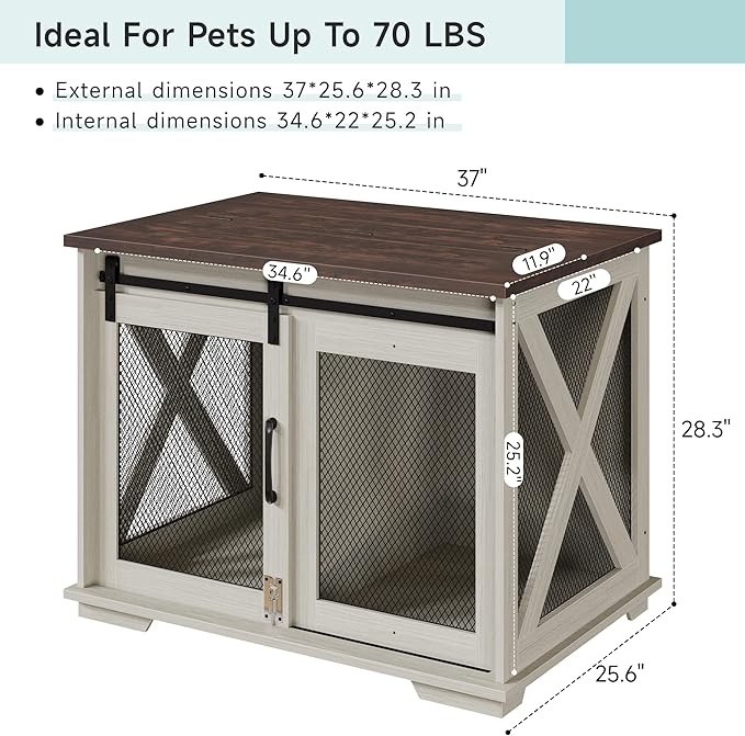 GAOMON 37'' Sliding Barn Door Dog Crate Furniture with Flip Top and Movable Divider, Wooden Dog Crate Table, Dog Kennel Side End Table, Furniture Style Large Dog House, White
