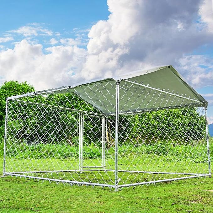 Outdoor Dog Kennel with Roof, Large Dog House Pen Enclosure Heavy Duty Chain Link Dog Kennel with Metal Gate (H3028)