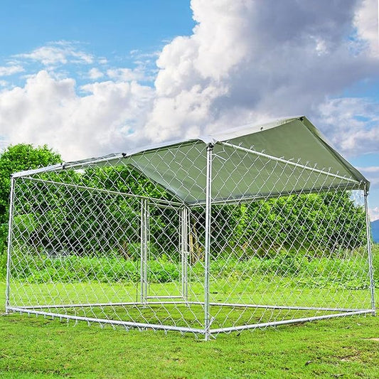 Outdoor Dog Kennel with Roof, Large Dog House Pen Enclosure Heavy Duty Chain Link Dog Kennel with Metal Gate (H3028)