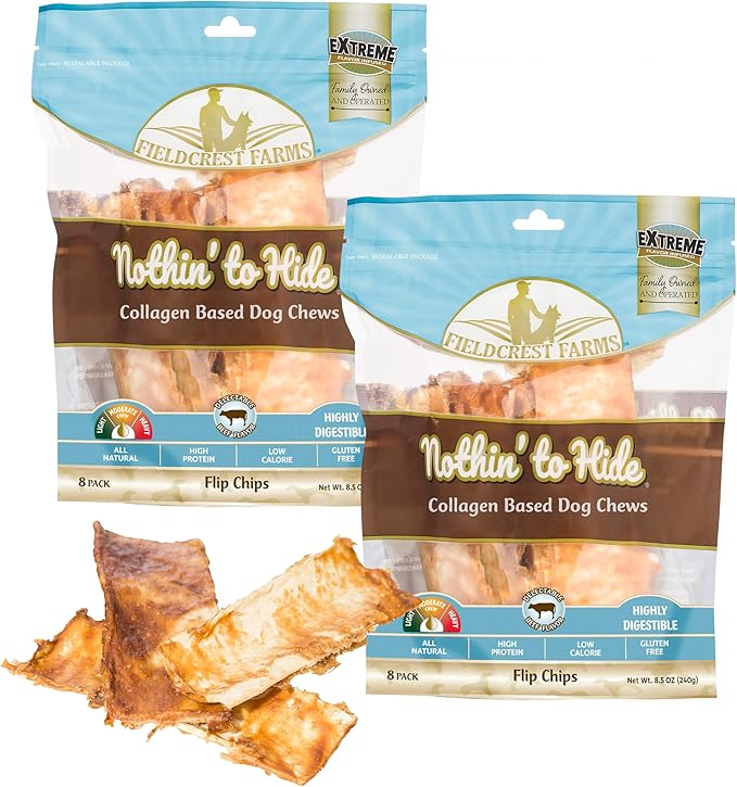 Fieldcrest Farms Nothin to Hide Flip Chips Dog Chews - Natural Rawhide Alternative Treats for Dogs, Collagen Based Snack for Moderate Chewers Up to 35lbs, Beef Flavor - 2 Packs (16 Chips)