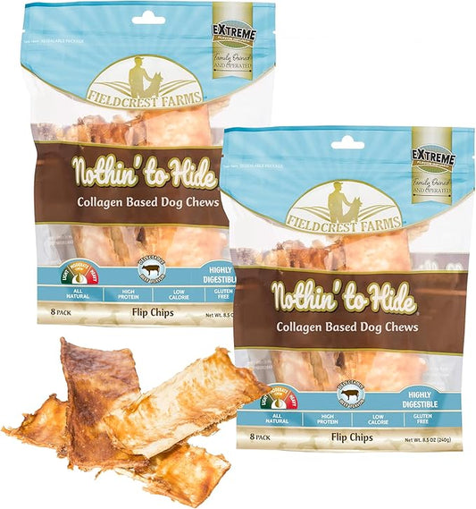 Fieldcrest Farms Nothin to Hide Flip Chips Dog Chews - Natural Rawhide Alternative Treats for Dogs, Collagen Based Snack for Moderate Chewers Up to 35lbs, Beef Flavor - 2 Packs (16 Chips)