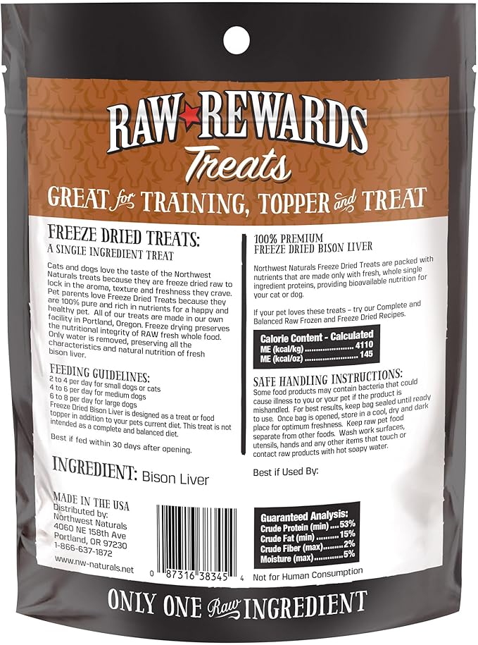 Northwest Naturals Raw Rewards Freeze-Dried Bison Liver Treats for Dogs and Cats - Bite-Sized Pieces - Healthy, 1 Ingredient, Human Grade Pet Food, All Natural - 3 Oz (Pack of 3)