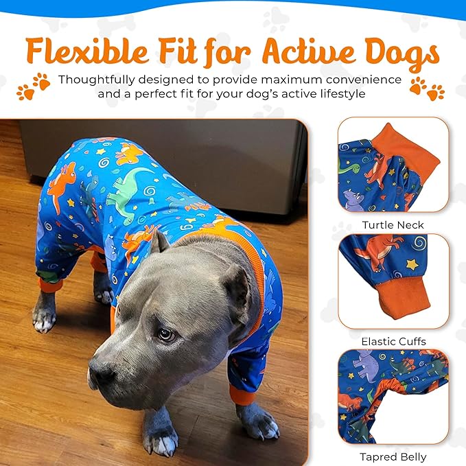 Tooth & Honey Pitbull Clothes – Premium Dinosaur Printed Pajamas for Large Breeds – Outfit for Recovery, Warmth & Shedding Control (Large)