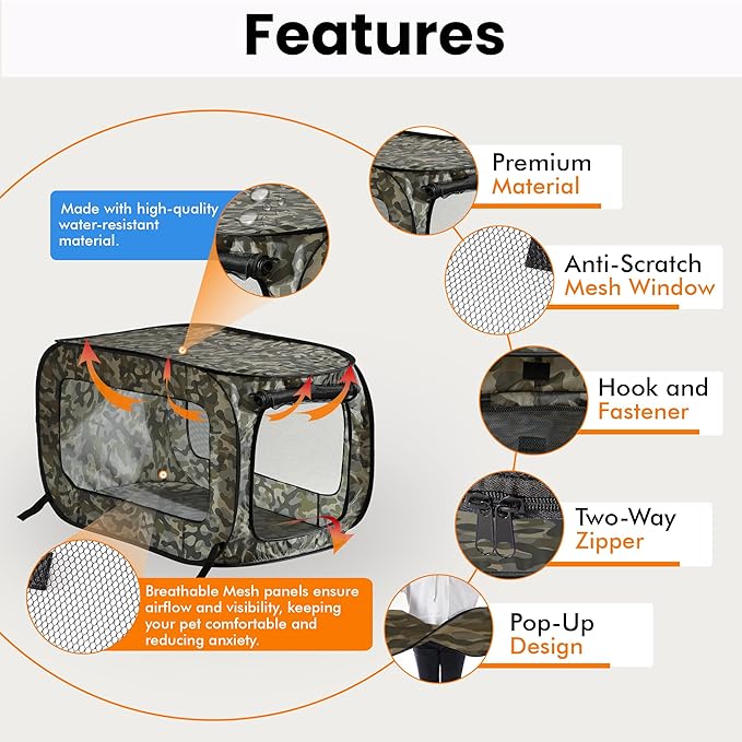 Beatrice Home Fashions Portable, Collapsible, Pop Up Kennel Travel Cat and Dog Crate, 32.5" L x 19.5" W x 19.5" H, Camo Green