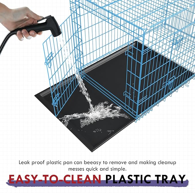 PayLessHere Large Dog Crate Kennel for Medium Large Dogs 30 inches Metal Dog Cage Double-Door Folding Travel Indoor Outdoor Puppy Playpen with Divider and Handle Plastic Tray,Blue