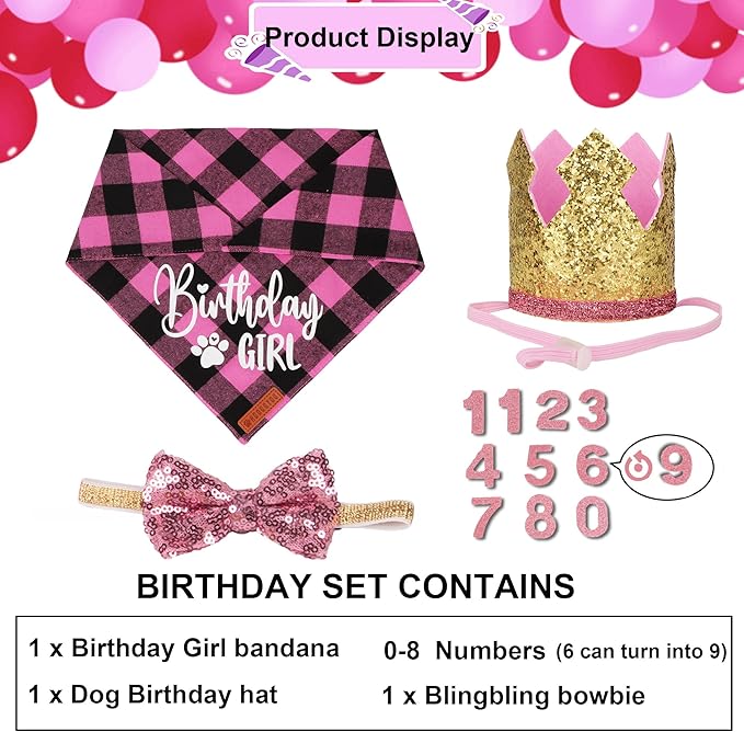 ADOGGYGO Dog Birthday Party Supplies, Pink Plaid Birthday Girl Dog Bandana, Golden Pet Party Hat with Numbers, Bowtie for Extra Large Pets (X-Large)