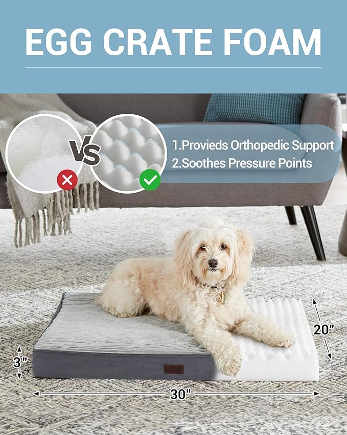 OhGeni 30 Inch Orthopedic Waterproof & Machine Washable Dog Bed with Egg Crate Foam Support, Non-Slip Bottom and Removable Pet Bed Cover for Extra Large, Large, Medium, Small Dogs (Gray)