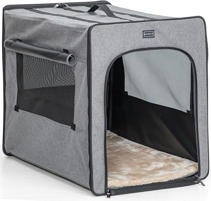 PETSFIT Dog Travel Crate, Soft Dog Crate - 31 Inch with Thicken Mat, Easy to Fold, Sturdy and Portable, Perfect for Traveling, Soft Sided Dog Crate Grey