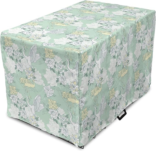 Lunarable Traditional Dog Crate Cover, Japanese Cranes Peonies Cultural Aspects Symbolic of Happy Life, Easy to Use Pet Kennel Cover for Small Dogs Puppies Kittens, 22 Inch, Avocado Green Pale Green