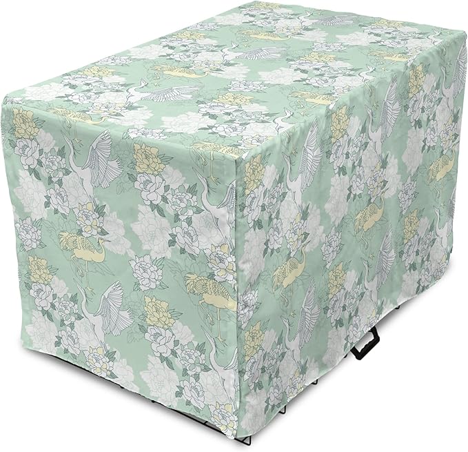 Lunarable Traditional Dog Crate Cover, Japanese Cranes Peonies Cultural Aspects Symbolic of Happy Life, Easy to Use Pet Kennel Cover for Medium Large Dogs, 36 Inch, Avocado Green Pale Green