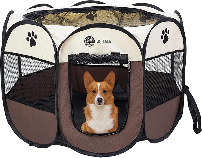 Mile High Life | Foldable Dog Playpen | Portable Dog Crate w Removable Shade Cover | Dog Kennel Indoor/Outdoor w Carry Case | Pen Tent for Dog/Cat/Rabbit(Brown, Medium (36"x36"x23"))