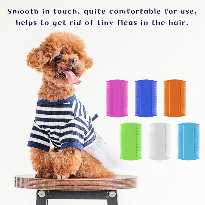 AUEAR, 12 Pack Pet Flea Lice Combs Double Sided Fine Tooth Dogs Cats Grooming Remove Float Hair Tear Marks Tick Removal Tool (6 Colors)