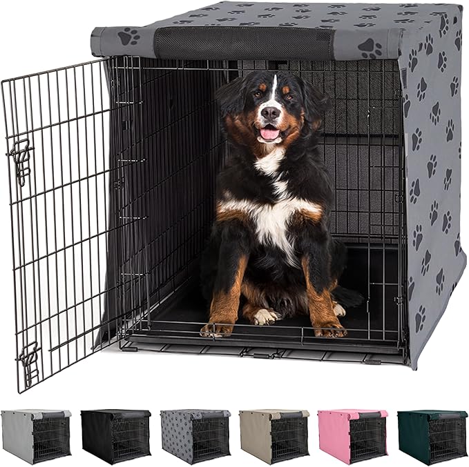 GORILLA GRIP Dog Crate Covers compatible with Amazon Basics Dog Crates, All Sides Open, Privacy Cover Fits 48" Wire Kennel, Breathable Mesh Windows, Light Reducing Puppy Training Cage Topper, Gray Paw