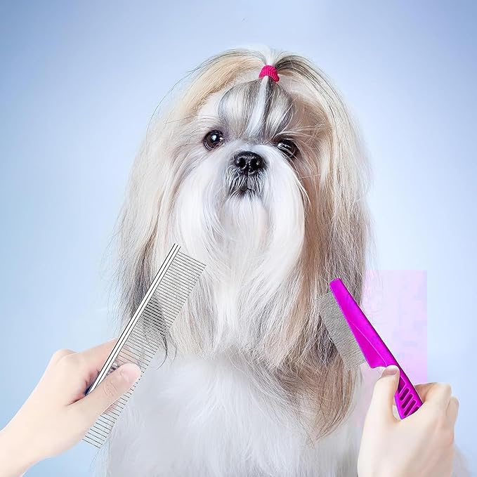 4 Pcs Pet Grooming Kit for Small Long and Short Haired Dogs, Cats & Puppies, Flea & Lice Comb, Tear Stain Remover, Fine-Toothed Comb for Knots, Crust & Mucus (Pink)