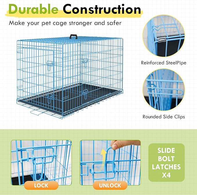 PayLessHere Large Dog Crate Kennel for Medium Large Dogs Metal Dog Cage Double-Door Folding Travel Indoor Outdoor Puppy Playpen with Divider and Handle Plastic Tray (42 Inch, Blue)
