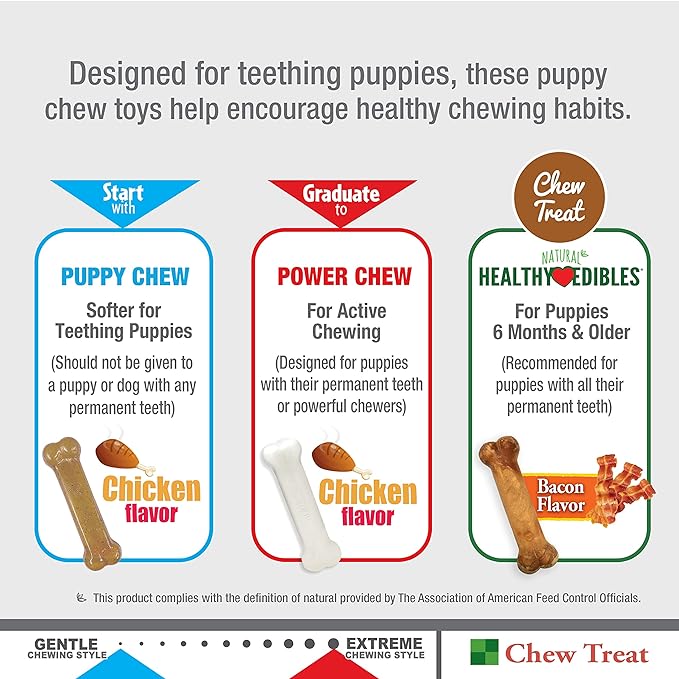 Nylabone Teething Puppy Chew Starter Kit, Two Puppy Chew Toys and Puppy Chew Treat, Puppy Supplies, Chicken & Bacon Flavor, Small/Regular (3 Count)