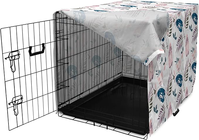 Ambesonne Leaves Dog Crate Cover, Abstract Foliage in Pastel Colors Tropical Jungle Forest Plants with Grunge Effect, Easy to Use Pet Kennel Cover for Medium Large Dogs, 36 Inch, Petrol Blue Baby Pink