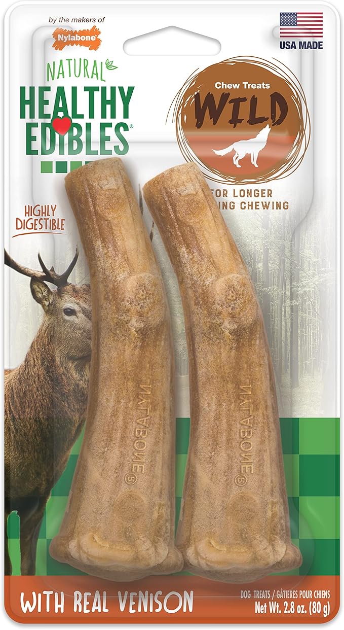 Nylabone Healthy Edibles WILD Antler Natural Long Lasting Venison Flavor Dog Chew Treats Medium/Wolf (2 Count)