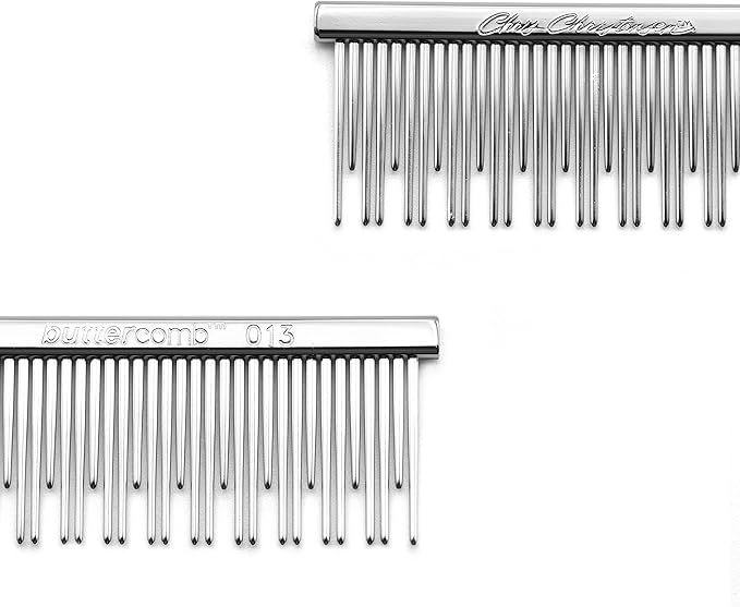 Chris Christensen Groomer's Bundle - 6 in. Cat/Carding Dual Tooth Buttercomb, Stainless Steel Pins, Rounded Corners - Mark II Small Slicker Dog Brush, Round Ground Stainless Steel Pins