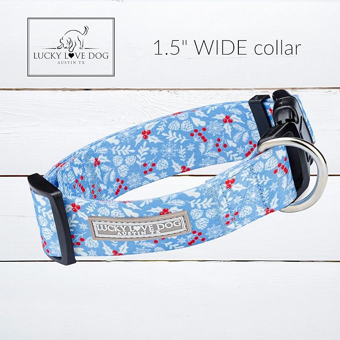 Lucky Love Dog Wide Dog Collar - Adjustable, Durable, Soft Webbing, & Comfortable 1.5 inch Wide Collar for Dogs Male and Female - in Winter Blue Pattern with Strong Buckle, Large Size