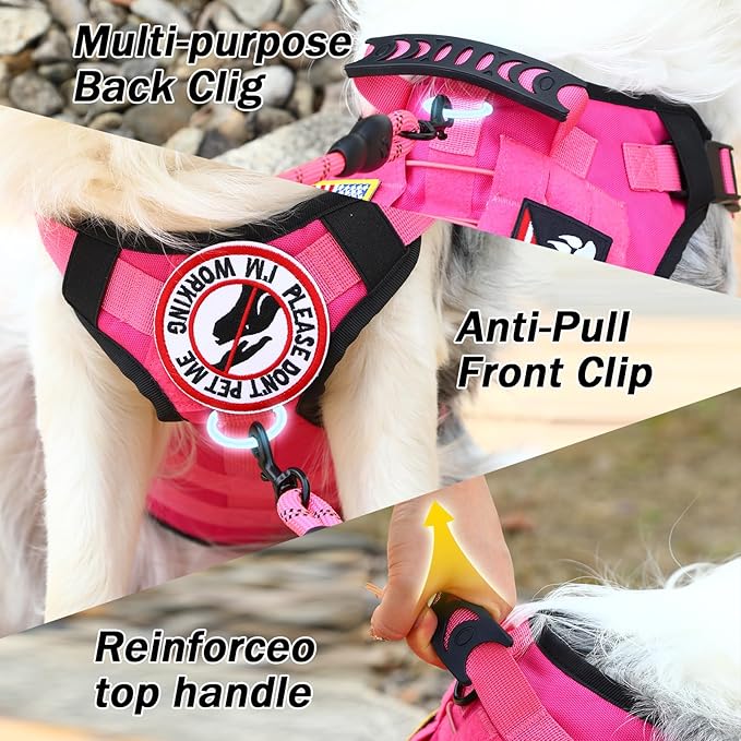 No Pull Tactical Dog Harness for Large Dogs, Escape Proof Molle Dog Vest Harness and Leash Set, Adjustable Military Service Dog Harness with Handle for Medium Large Dogs(L, Pink)