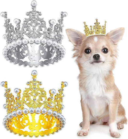 PET SHOW 2pcs Medium Dog Crown Headband Puppies Cat Hat for Birthday Party Silver Gold Rhinestone Faux Pearl Crown for Boy Girl Wedding Hair Accessories Photo Prop Costume