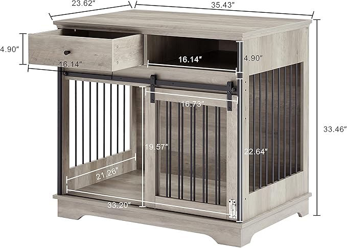 Dog Crate Furniture, Dog House Indoor with Sliding Barn Door, 35" Wood Dog Crate Heavy Duty Dog Kennels Decorative Dog Crate for Small/Medium/Large Dog Grey