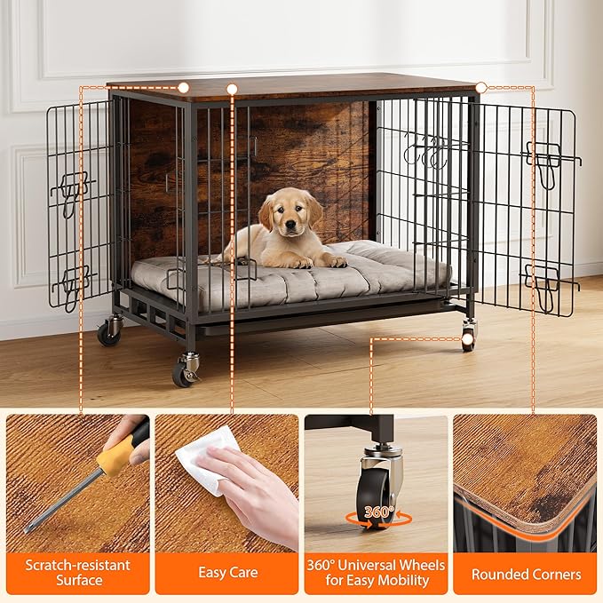Dog Crate Furniture, 32.5" L Indoor Kennel with Double Doors, Sturdy Dog Cage with Easy Assembly, Wheels & Removable Tray, Rustic Brown