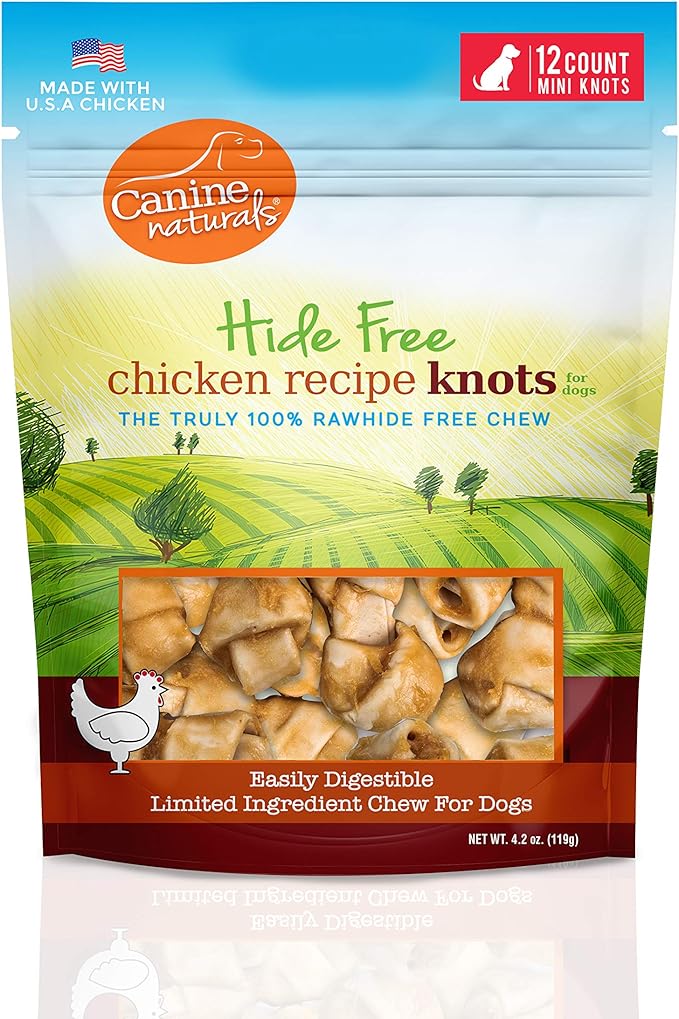 Canine Naturals Chicken Recipe Chew - Rawhide Free Dog Treats - Made from USA Raised Chicken - All-Natural and Easily Digestible - 12 Pack of Mini Knots for Dogs 5-20lb