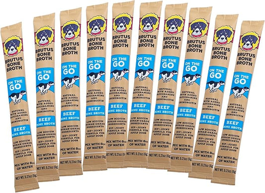 Brutus Bone Broth for Dogs - Bone Broth Powder with Chondroitin Glucosamine & Turmeric - Human Grade Dog Food Toppers for Dry Food & Picky Eaters - 10 Stick (Beef)