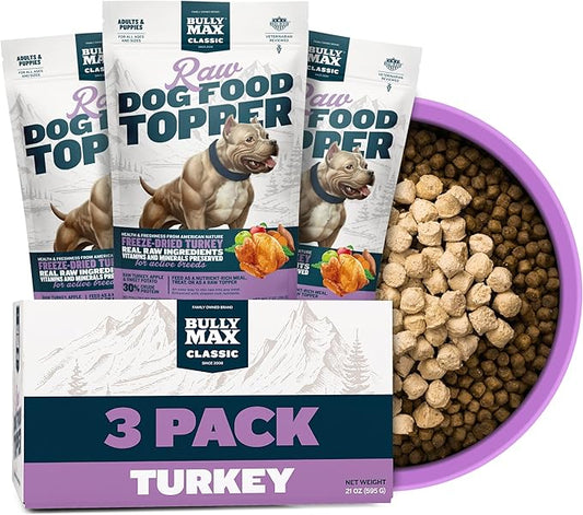 Bully Max Freeze-Dried Turkey Raw Dog Food Toppers for Puppies and Adult Dogs - Nutrient-Rich Meal Enhancers with Vitamins & Minerals for Small and Large Dog Breed - 3 Pack Puppy Treat or Dog Meal