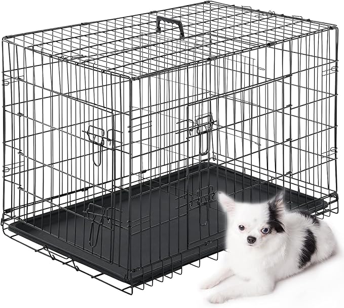 Dog Crate Cage Kennel for Large Medium Dogs Pet Puppy Playpen Wire Animal Metal Folding Travel Divider Double-Door Handle Plastic Tray Indoor Outdoor Double Lock Black Rabbit 24 30 36 42 48 inches