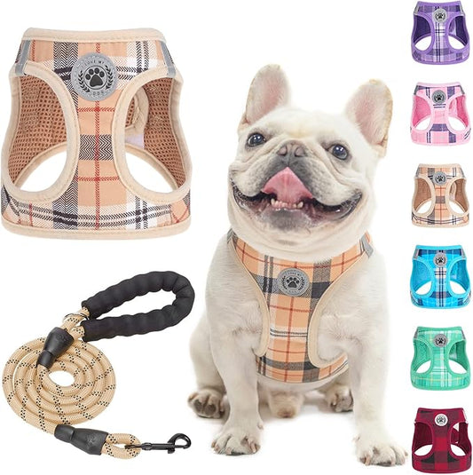 BEAUTYZOO Small Dog Harness and Leash Set,Step in No Chock No Pull Soft Mesh Dog Harnesses Reflective for Extra-Small/Small Medium Puppy Dogs and Cats, Plaid Dog Vest Harness for XS S Pets, Beige L