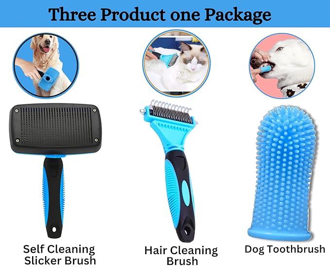 3-in-1 Pet Grooming Set - Self-Cleaning Slicker Brush, Deshedding Rake Comb, and Finger Toothbrush for Dogs & Cats | Perfect for Grooming, Dematting, and Dental Care (blue)