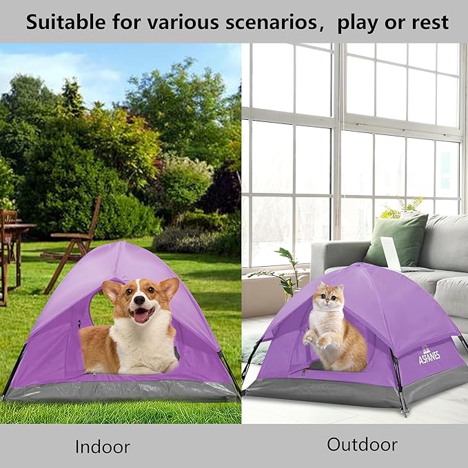 Outdoor Waterproof Pet Camping Tent, Cave Bed for Indoor Cats and Small Dogs, Portable Cat House Dog House, 21.6x21.6x14.9'', Purple, S.