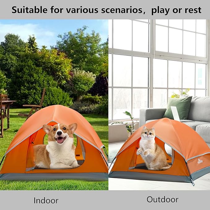 Outdoor Waterproof Pet Camping Tent, Cave Bed for Indoor Cats and Small Dogs, Portable Cat House Dog House, 21.6x21.6x14.9'', Orange, S.