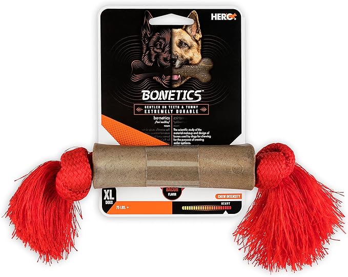 Hero | Bonetics Tassel Bone | Dog Bones | Puppy Bones | Designed for Extra Large Dogs Up to 75 lbs | Red (Bacon Flavor)