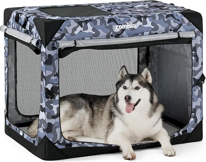 Collapsible Dog Crate for Large Dogs - 42 Inch Dog Travel Crate Portable with Mesh Windows and 3-Door Curtains, Soft Sided Dog Kennel Foldable for Indoor and Outdoor, Camo