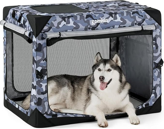Collapsible Dog Crate for Large Dogs - 42 Inch Dog Travel Crate Portable with Mesh Windows and 3-Door Curtains, Soft Sided Dog Kennel Foldable for Indoor and Outdoor, Camo