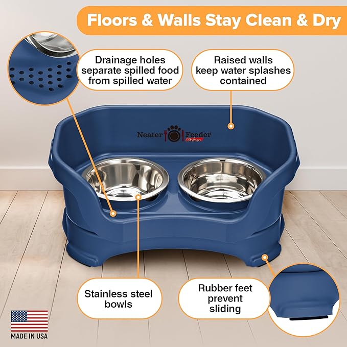 Neater Feeder Deluxe Mess Proof Cat Bowls Elevated for All Breeds – Made in USA – No Spill Raised Bowls for Indoor Cats – Stainless Steel Food and Water Bowl Set, Pet Dish Feeding Station, Dark Blue