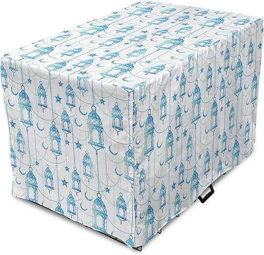 Lunarable Oriental Dog Crate Cover, Eastern Theme Celebration Pale Toned Composition Folkloric Look Print, Easy to Use Pet Kennel Cover for Medium Large Dogs, 48 Inch, Pale Green White Blue