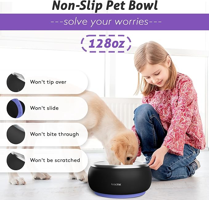 COKTIK Dog Bowl, Insulated Stainless Steel Food Bowls for Dogs & Cats, Non-Slip Dog Bowls Water Bowl Large Breed, Easy to Clean, Durable and Dishwasher Safe (128oz/1Gallon, Black)