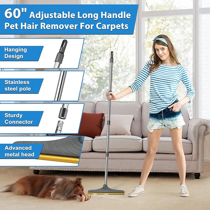 5FT Carpet Rake Pet Hair Remover, Reusable Carpet Rake with Telescopic Handle for Pet Hair Removal Tool Dog Cat Fur Remover Broom for Rugs, Mats, Beds, Stairs (Gray)